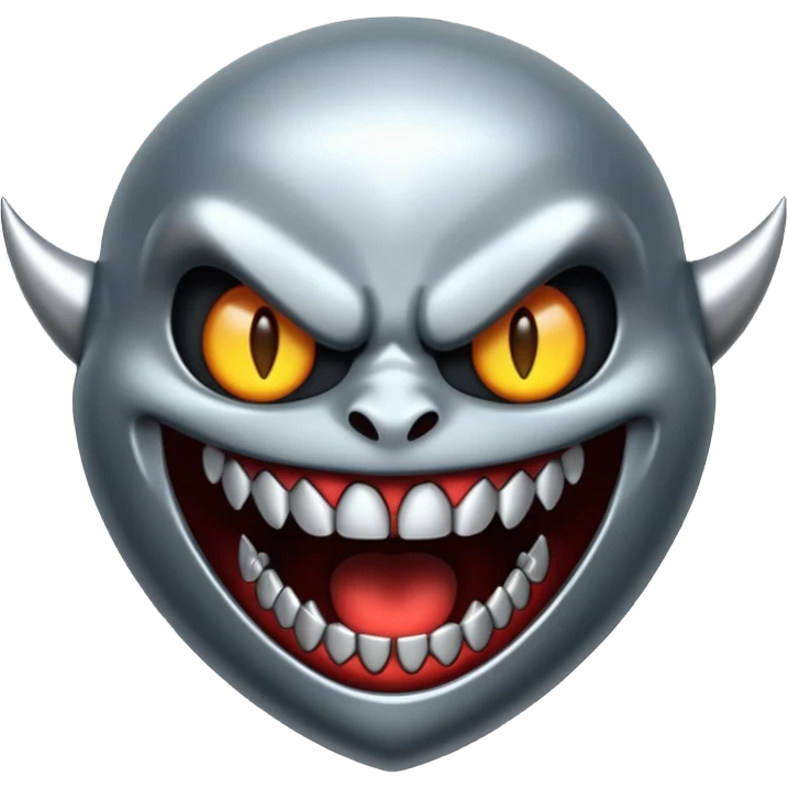 Stylized emoji icon of metallic teeth with sharp fangs, chrome texture, dark shadows, aggressive look emoji