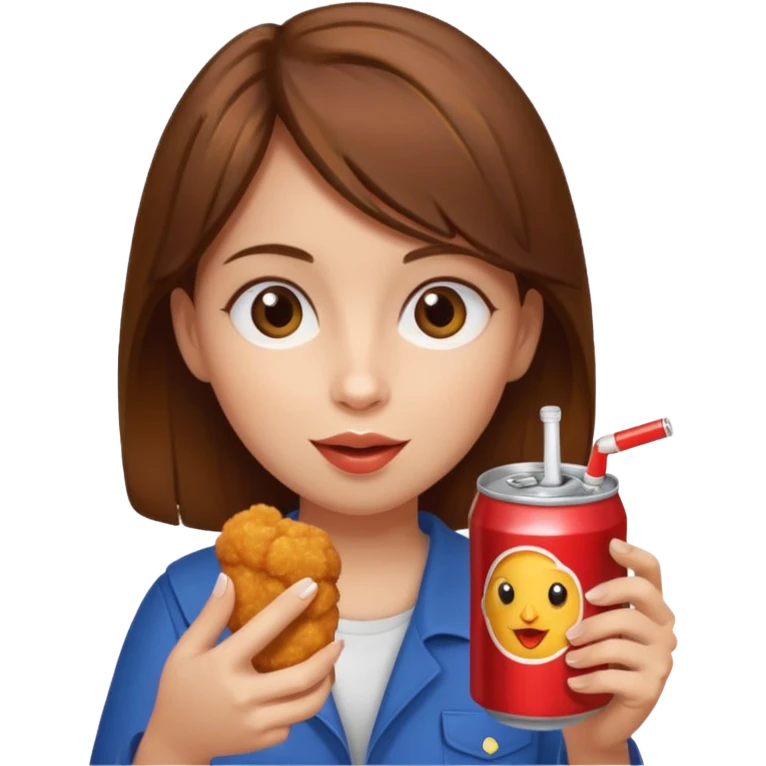 brown hair girl eating chicken nugget and holding a soda can emoji