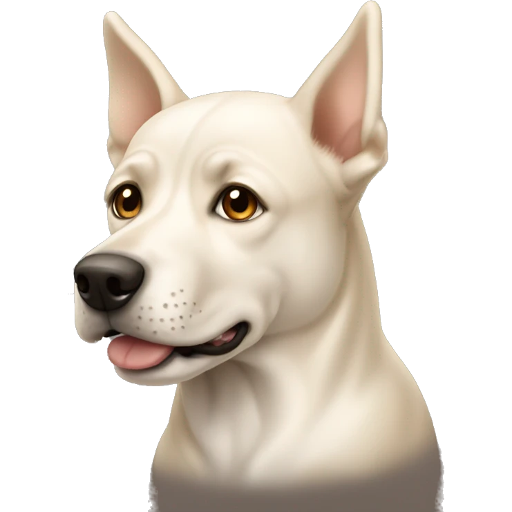 cream white colored dog, long face, pointy ears, brown eyes, light brown nose emoji