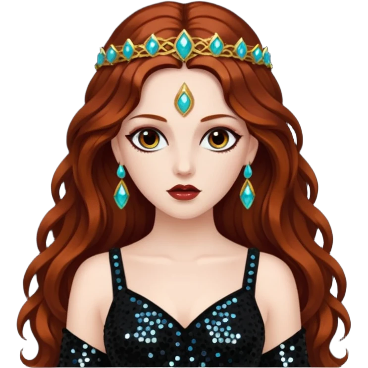 Persephone, Goddess of Death from Gods and Goddesses with long dark auburn hair, black sequin outfit emoji