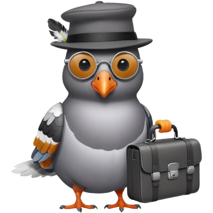 a clever pigeon wearing a tiny spy hat and sunglasses, holding a miniature briefcase emoji