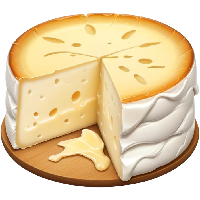 cinematic-realistic-brie-cheese-emoji,-featuring-a-creamy gooey center,-soft-ripened-cheese-with-a-delicate white rind-rendered-with-lifelike-detail-and-inviting,-natural-lightingwith a slide showing the gooey center emoji
