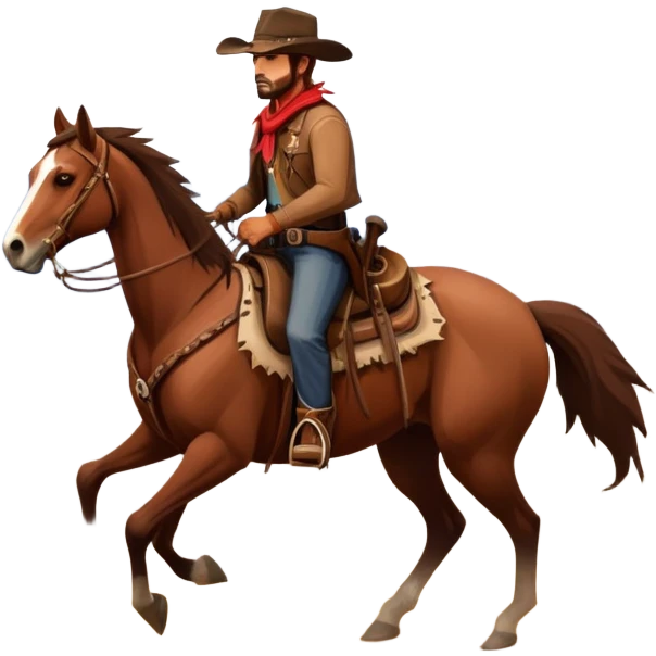An icon representing an adventure game, inspired by Red Dead Redemption II. The design features a rugged cowboy riding a horse through a vast, open landscape with mountains, deserts, and wild animals. The atmosphere conveys exploration, action, and the thrill of the journey. Transparent background emoji