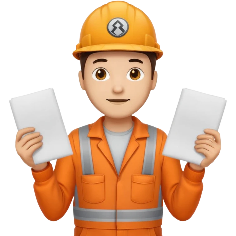emoji style railway engineer full body in orange overalls, carrying one piece of paper with both hands in front of him emoji