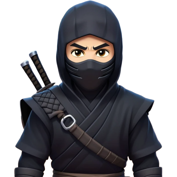 clash-of-clans-aesthetic_-cinematic-mysterious-male-ninja-portrait-emoji, rendered in a flat, vector-style with minimal shading and bold, simplified shapes, with a head slightly turned revealing intense, focused eyes, perched crouched next to an agile trained panther with glossy fur moving silently through shadowed urban rooftops and moonlit alleyways. emoji