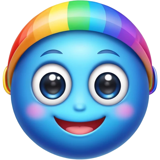 blue planet with rainbow colored rings and a cute smiling face with big eyes emoji