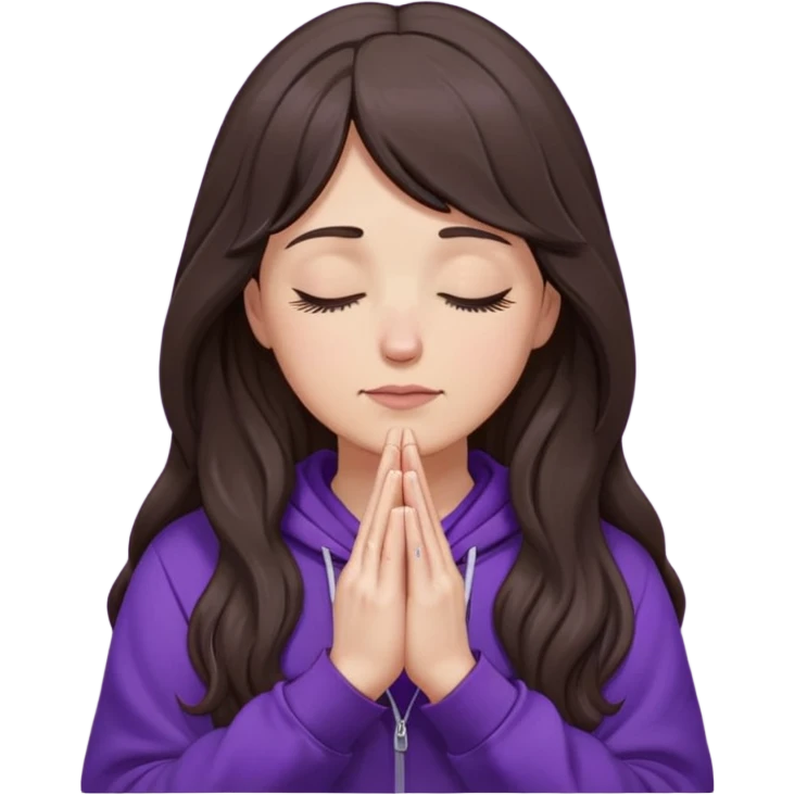 Praying hands, white woman with dark-brown long wavy hair and long bangs, closed eyes, wearing a purple hoodie emoji