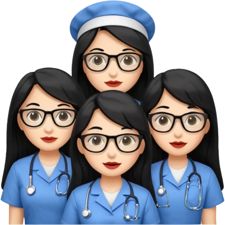 Genera emogis de 4 cuatro enfermeras de cabello negro largo, entre ellas que una tenga lentes y otra un lunar encima de los labios emoji