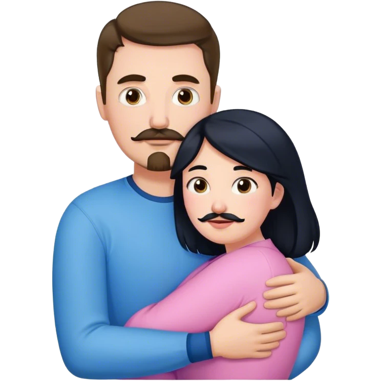 Tall white man with brown mustache goatee wearing blue hugging a chubby short pale woman with long black hair wearing pink emoji