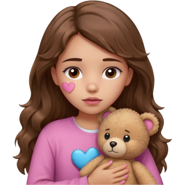 girl with long wavy brown hair, brown eyes, light to medium complexion, in a pink shirt, pink lips, long lashes, sad, hugging squeezing a teddy bear with bandaid hearts emoji