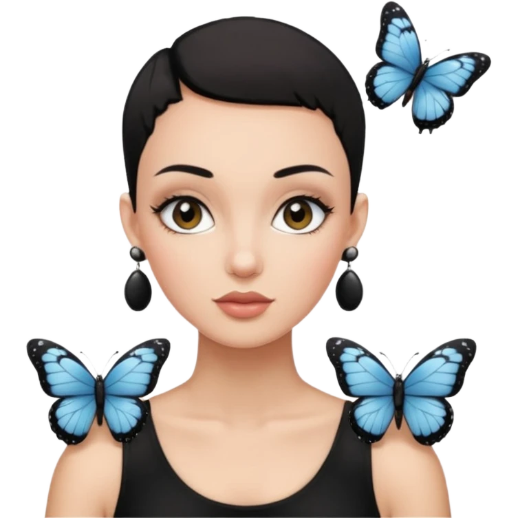 Lady with black buzz cut hair and lashes wearing 4 black earrings holding white butterfly emoji