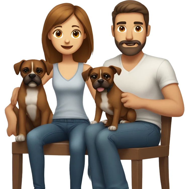 a girl with brown hair, a man with short buzz brown hair with a beard, sitting, with two brown boxer dogs emoji