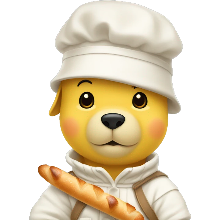 white winnie the pooh, parisien style with beret on hair and baguette on arms emoji