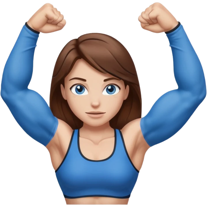 Girl with brown hair, blue eyes and really muscular arms, flexing her muscles emoji