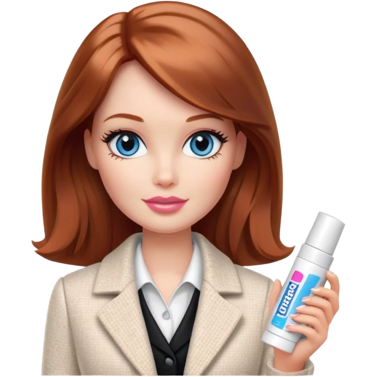 A Barbie girl with blue eyes, shoulder-length reddish-brown hair, made-up, in a white tweed jacket and black skirt, holding a tube of pale beige face cream emoji