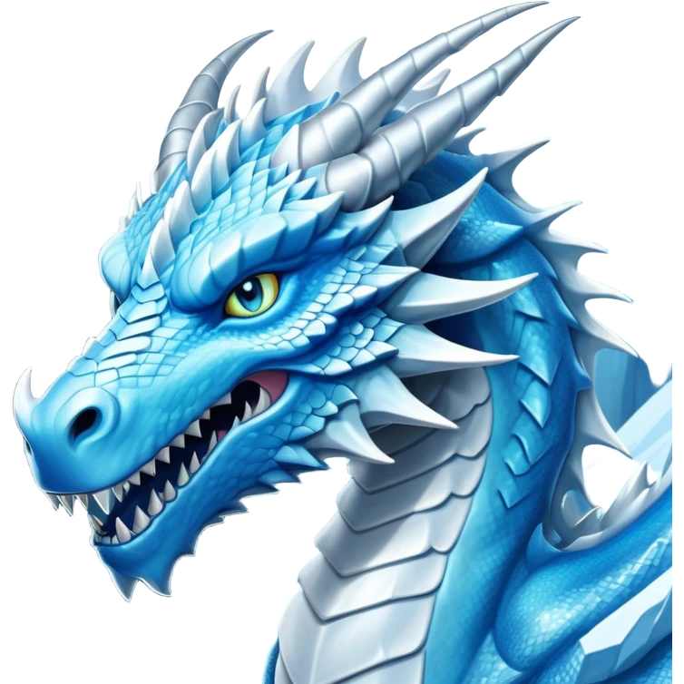 Cinematic Noble Fierce Ice Dragon Portrait Emoji, Poised and imposing, with a muscular, long elegant snout, scaled body shimmering in glacial hues of icy blue, frostbitten silver, and crystalline white, breathing out frost, with piercing, glowing eyes that radiate the chilling depths of an arctic storm; rendered in detail. emoji
