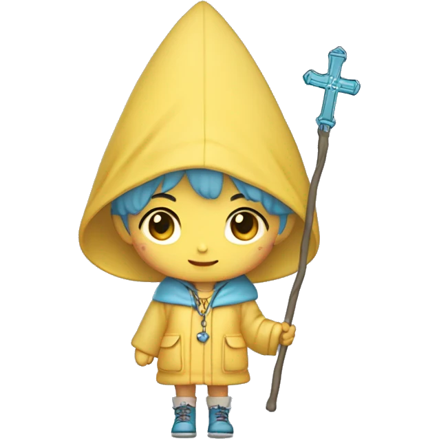 Cute little girl with light short blue hair with peach skin, with yellow raincoat hooded with boots holding a staff, with a cross necklace, Sanrio design emoji
