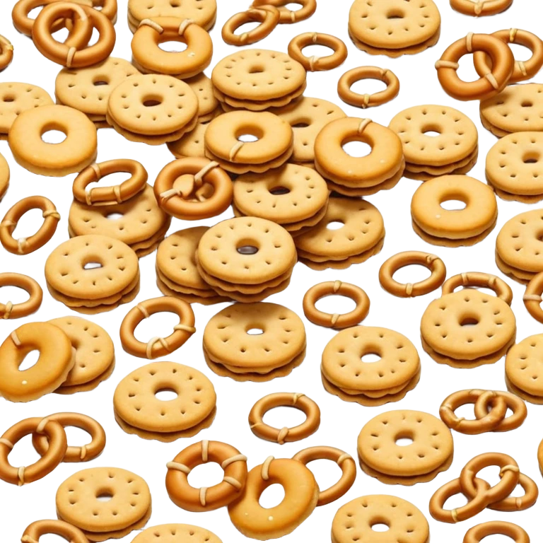 small scattered assortment of bite-sized savory crackers in golden tones, sticks, rings, mini pretzel shapes, slightly glossy baked surface, crisp texture, visible salt crystals, grainy toppings, no bowl, no packaging, no extras, just biscuits, soft lighting, subtle shadows, emoji scale emoji