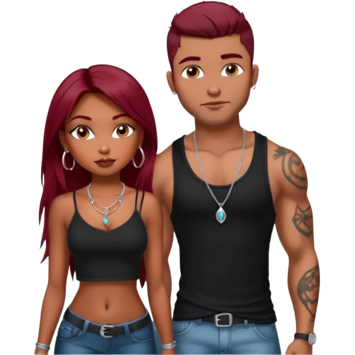 a pretty bratz fair indian girl with dark red straight hair, black cami top, silver dainty necklaces, rings, hoops, tattoos standing with two handsome lean but muscled guys emoji
