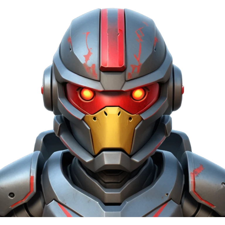 futuristic war robot portrait, head and shoulders only, aggressive design, sharp armor edges, glowing red eyes, battle-damaged helmet faceplate, heavy armor collar, intense dramatic lighting, sci-fi metal textures, 3D cartoon, mobile game icon style, clean background, no text, no watermark
 emoji