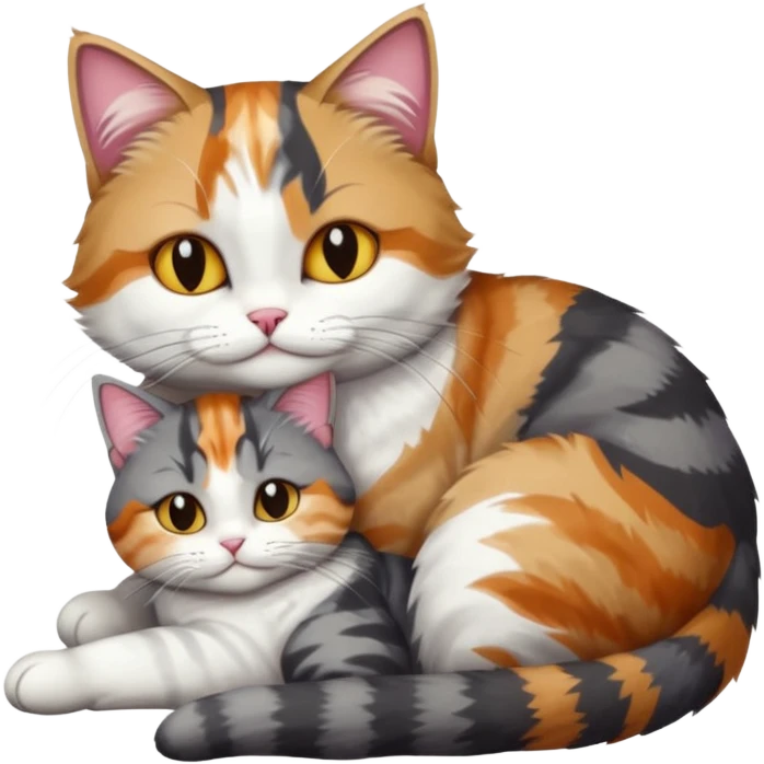 full body colourful light patched calico + white tabby cat cuddling a big dark grey and white tabby cat  emoji