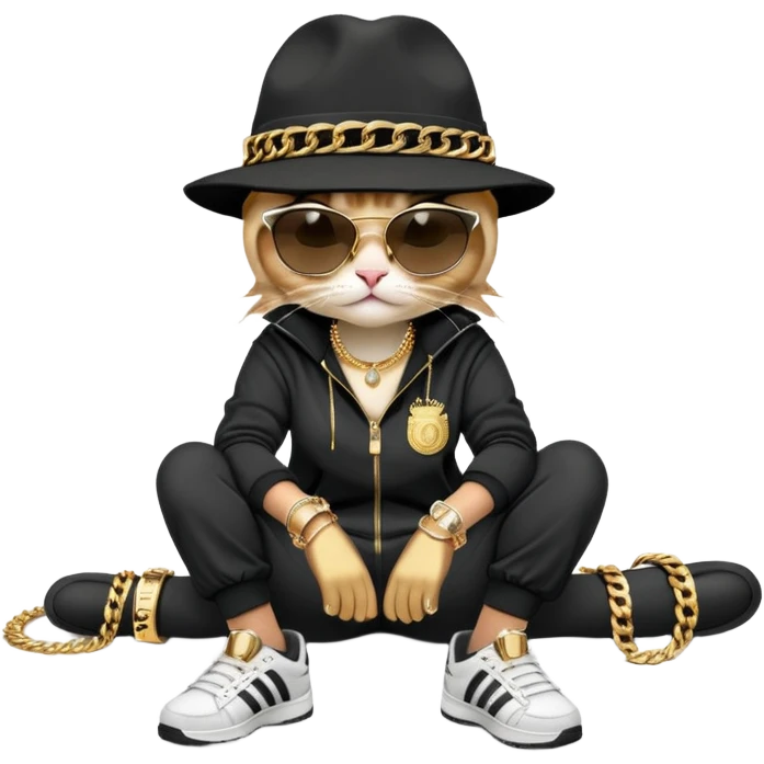 female cat dressed like Run DMC in tracksuit, fedora, Adidas shoes, dark sunglasses, lots of gold chains, rings, bracelets, earrings, lying on the ground after falling, worried look emoji