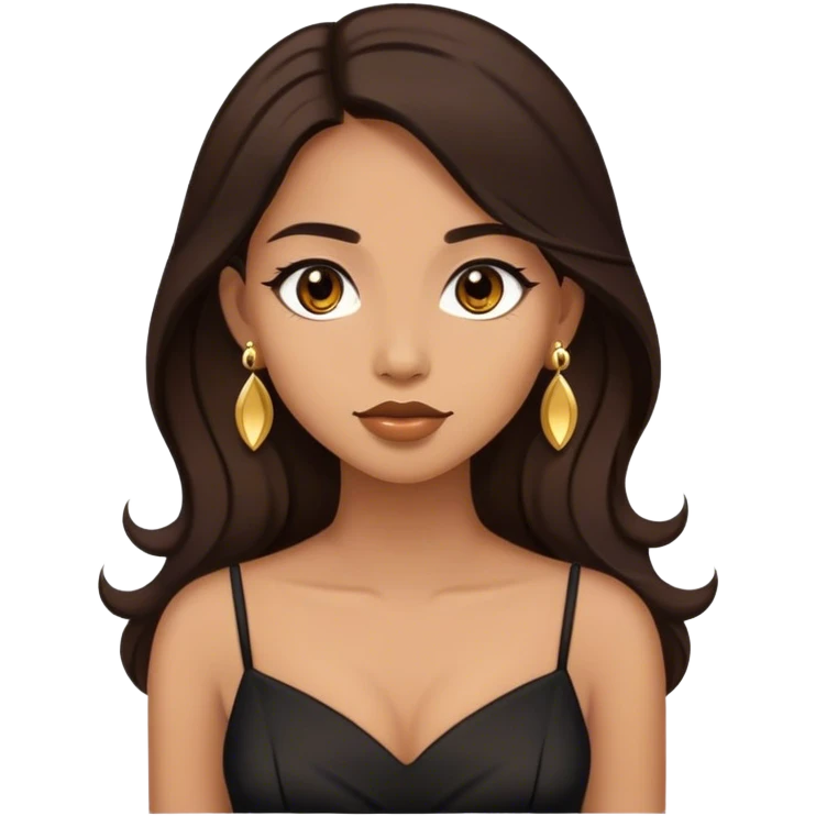 Beautiful woman,cute, long dark brown hair in dark dress with gold earrings emoji