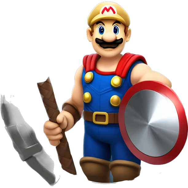 Mario holding a Captain mega shield and Thor hammer ￼ emoji