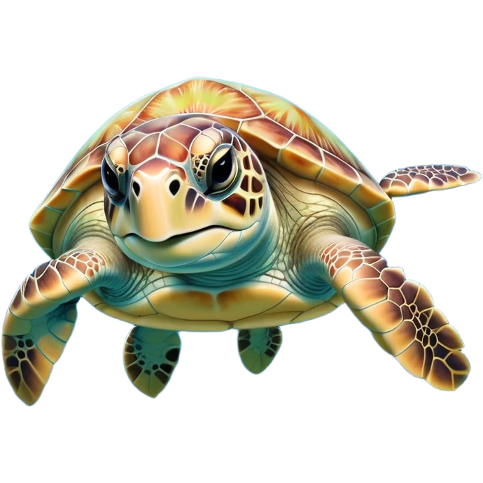 Cinematic Cute Sea Turtle Portrait Emoji, Head tilted playfully and inquisitively, featuring a charming, compact form with a beautifully patterned, domed shell and gentle, sparkling eyes full of oceanic wonder, Simplified yet irresistibly adorable features, highly detailed, glowing with a warm, friendly sea glow, high shine, affectionate and lively, stylized with a touch of whimsical marine charm, soft glowing outline, capturing the essence of a mischievous yet loving sea turtle that seems as if it could swim out of the screen into your arms! emoji