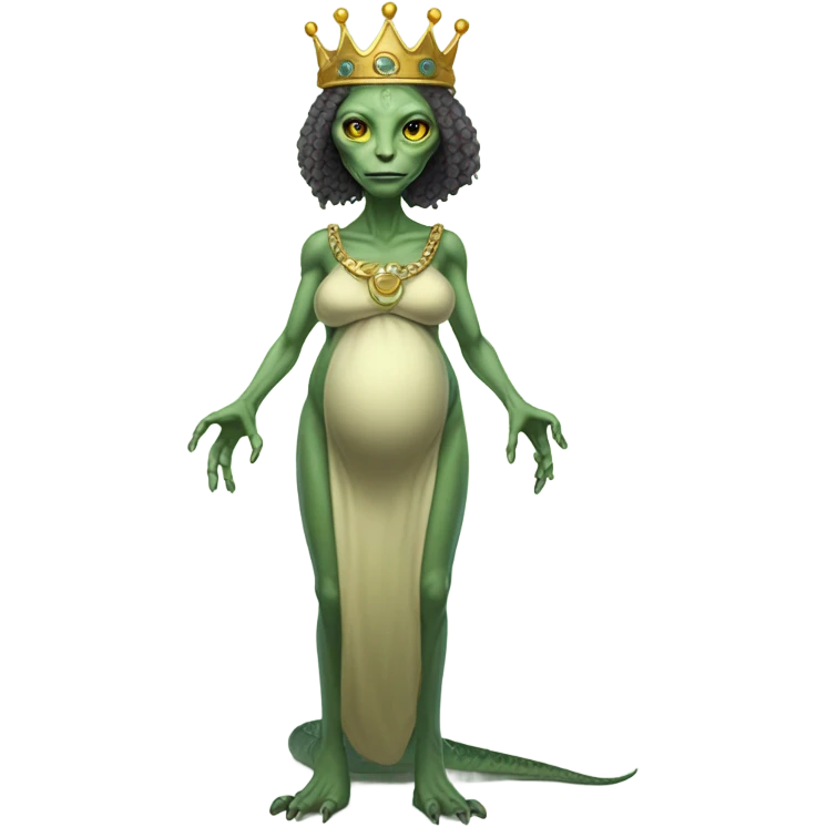 Pregnant reptilian alien woman, full body, have a crown emoji