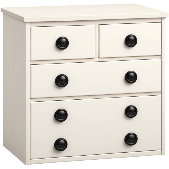 IKEA-inspired white 6-drawer chest, one tiny black knob per drawer, realistic depth and dimension emoji