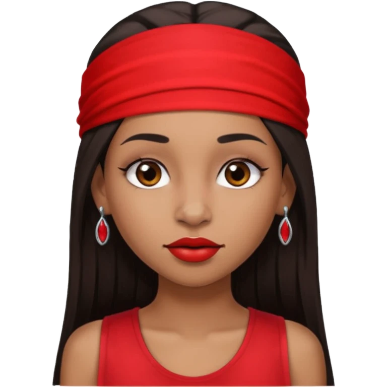 light-skinned black girl with long eyelashes with long strait dark brown hair with edges wearing a red top with no sleeves. and a red accessory on her head with nose and mouth piercings. emoji