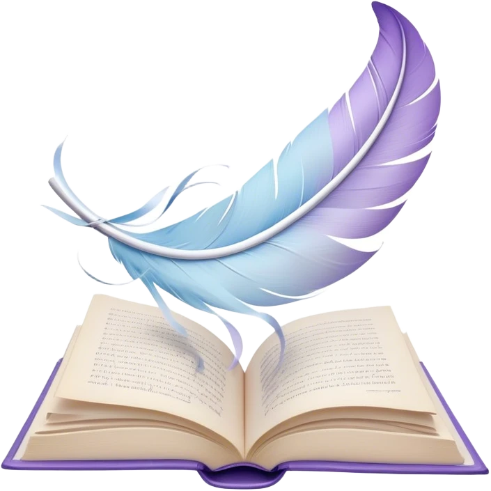 Create a delicate and poetic emoji representing poetry. The design should feature several elegantly flying pages with short poetic columns written on them. The pages should appear light and flowing, almost as if being carried by the wind. Include a white feather gently resting on the pages, symbolizing creativity and inspiration. Use soft, pastel tones like light blues, purples, and creams to give it a dreamy, artistic feel. The design should feel ethereal and whimsical, capturing the essence of poetry. Make the background transparent. emoji
