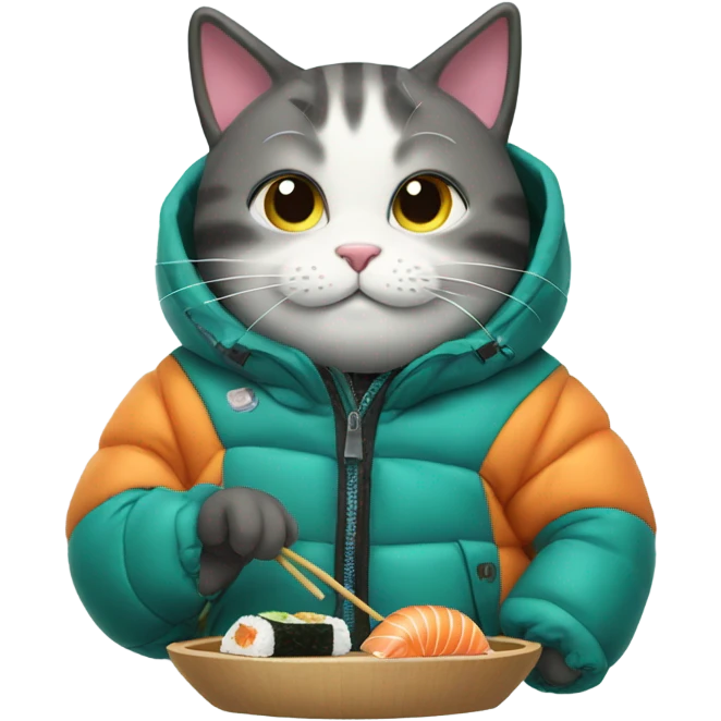 cat wearing a puffy jacket eating sushi emoji