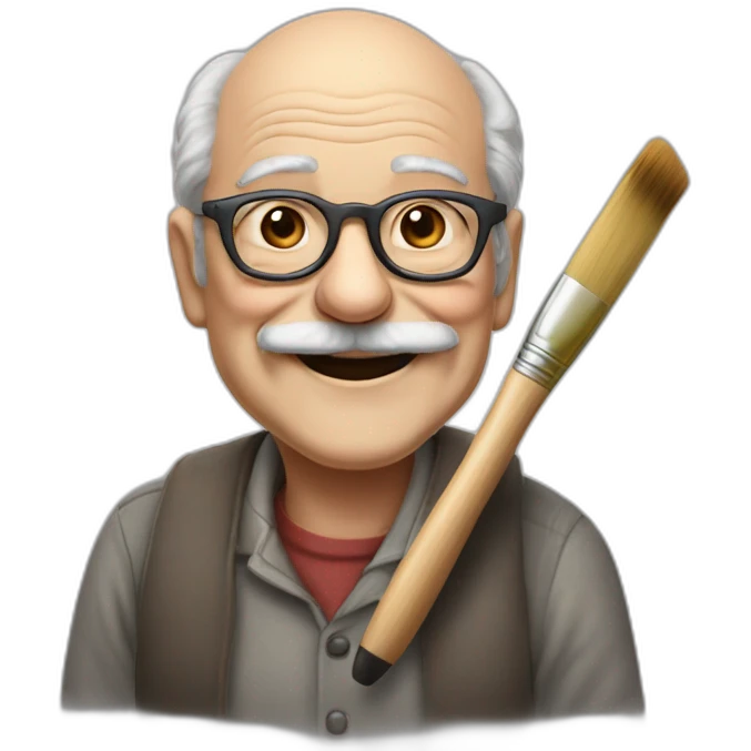smiling old man who doesn't have much hair anymore, wearing a big gray horeshoe mustache and glasse. he is holding an artist's palette and a paintbrush emoji
