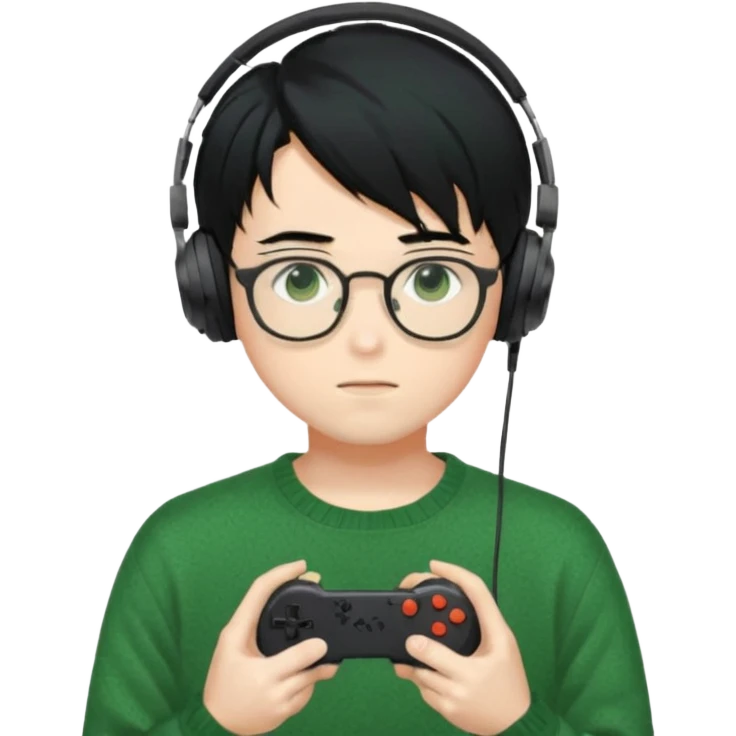
gamer, Gorgeous green sweater black hair anime style shojo guy glasses, headphone, gamepad emoji