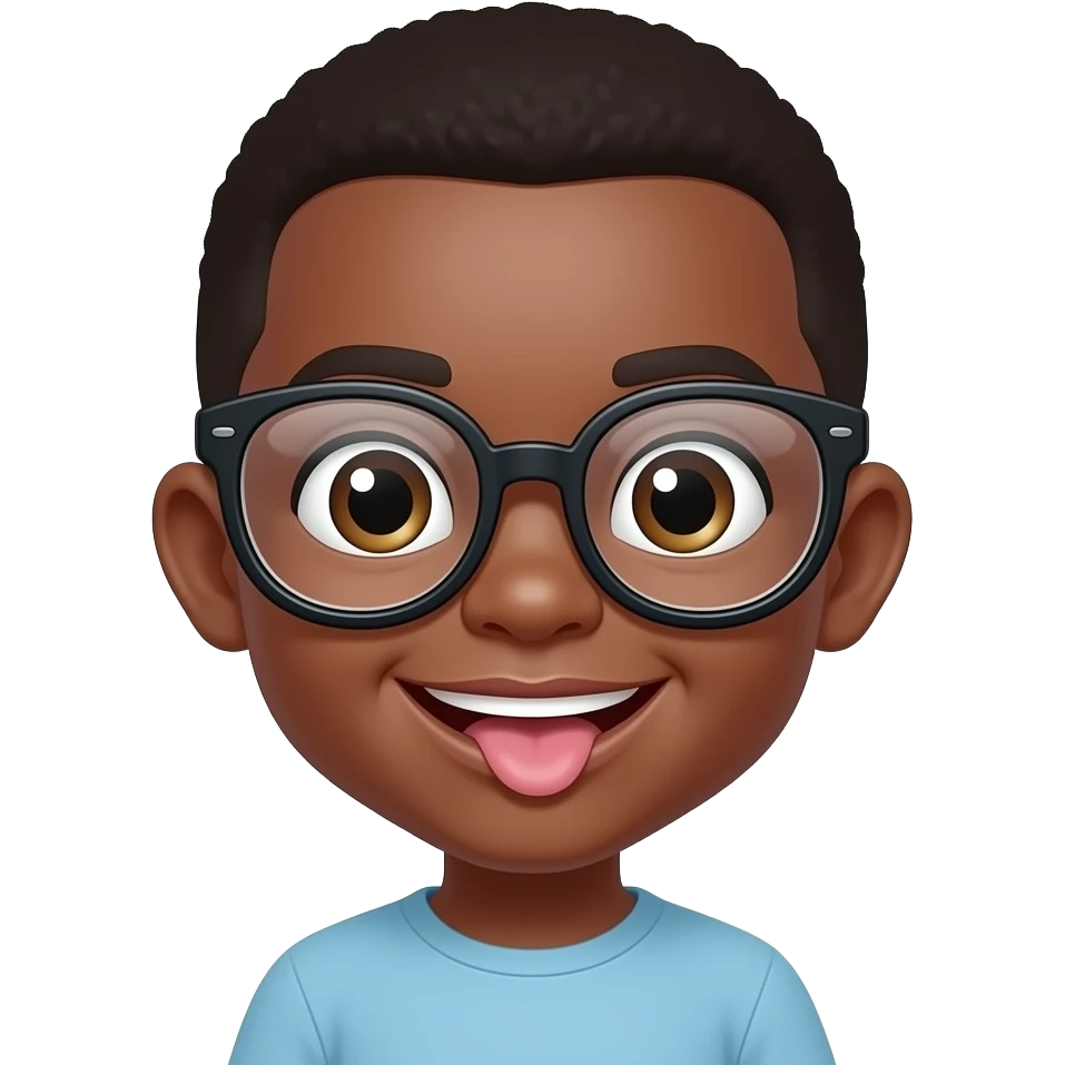 A Really Black child with a bowl haircut, wearing magnifying glasses, smiling with his front teeth sticking out. emoji