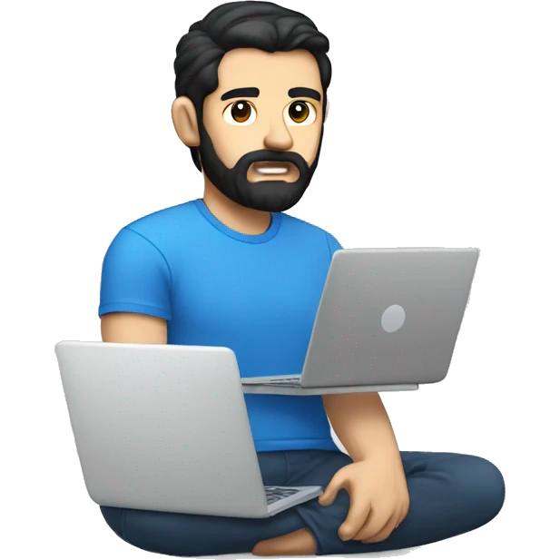 white guy with beard black hair thin face typing in laptop wearing blue t-shirt emoji