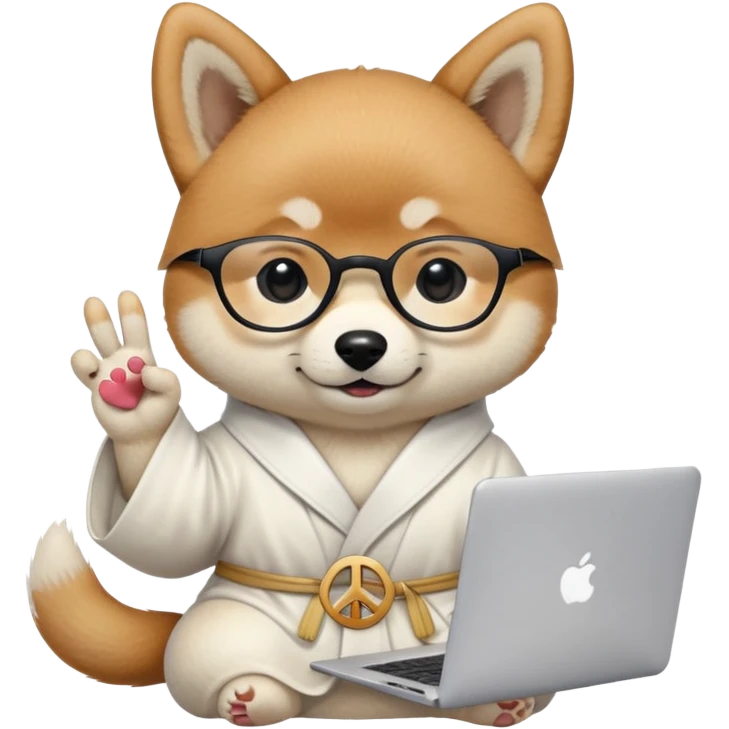 a Shiba Inu puppy wearing a white professor robe and glasses showing a piece sign with in one hand and holding a MacBook in another hand  emoji