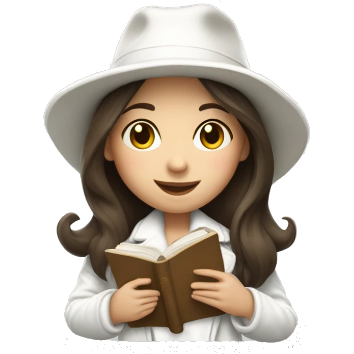 brunette girl in a white jacket in a white hat hugs a book emoji