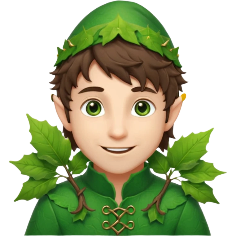 handsome elf with messy brunette hair wearing a leafy outfit and smile confidently emoji