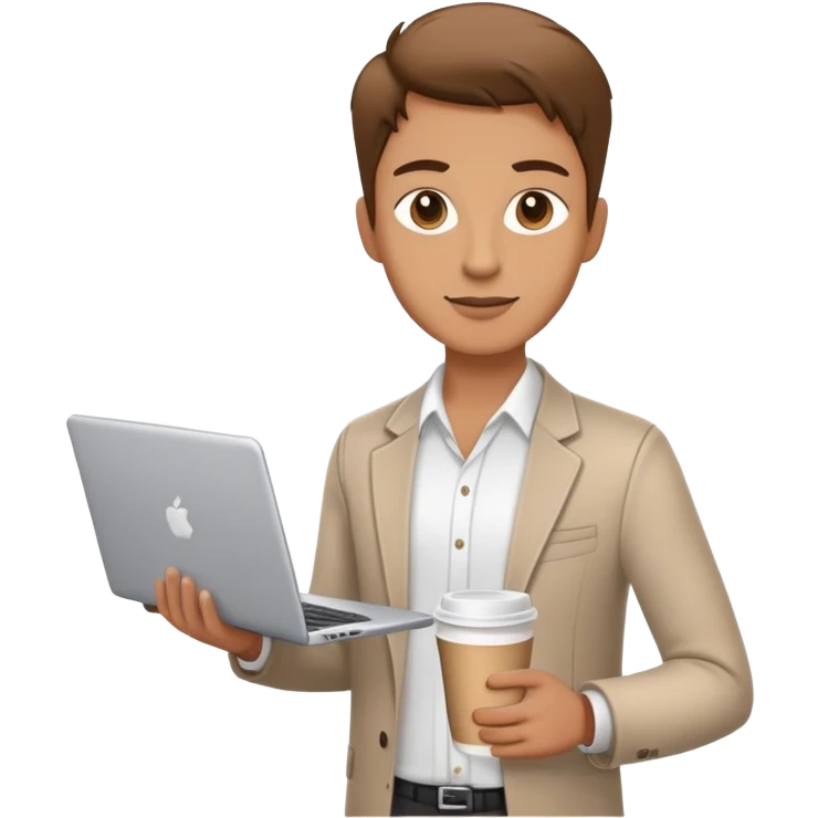 business owner confidently, holding a closed laptop in one hand and a takeaway coffee cup in the other. The character wears casual-smart clothes. emoji