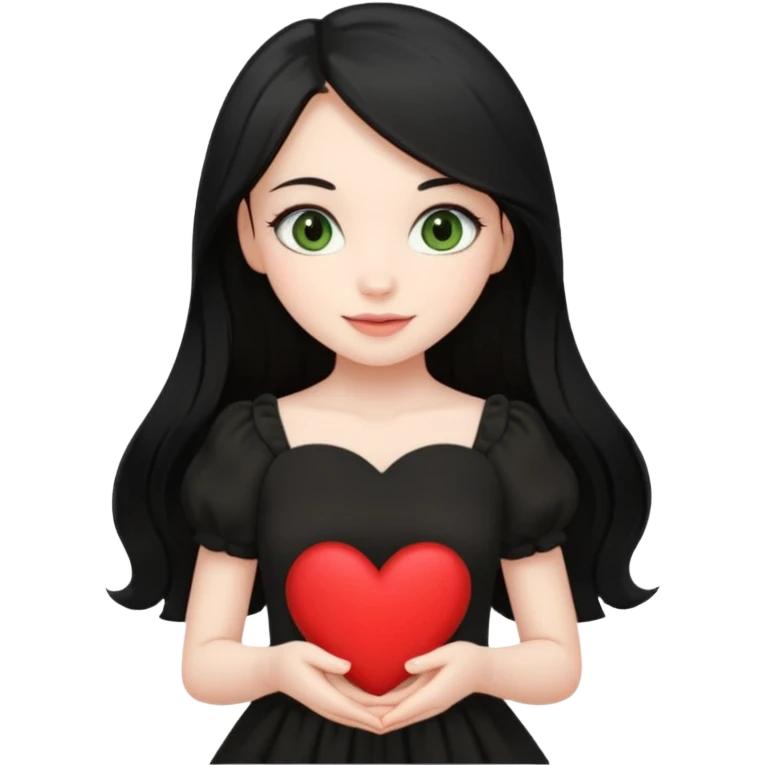 Pale girl with long black hair and olive green eyes soft smile wearing black dress and holding a heart emoji
