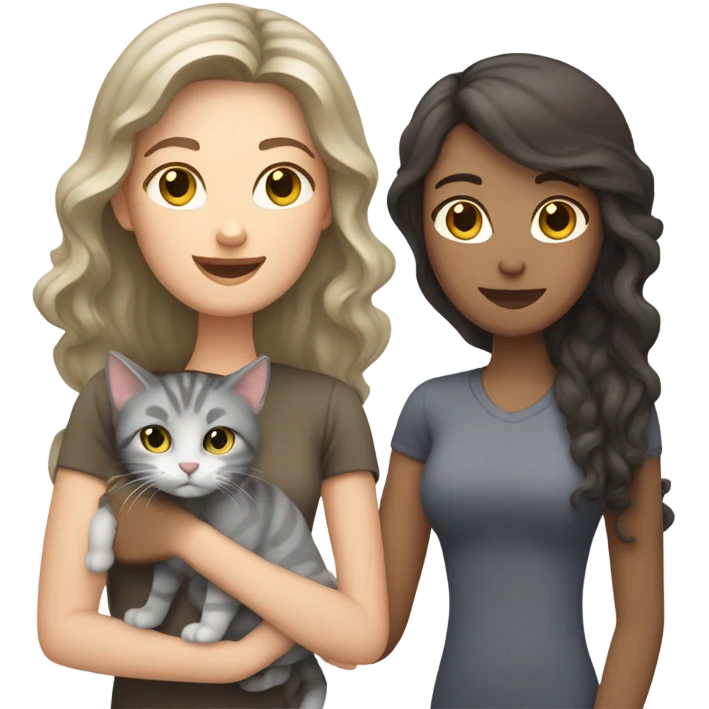 Family emoji, one white woman with straight dark brown hair holding a grey tabby cat,  one white woman with curly long dark hair holding a dark grey cat emoji