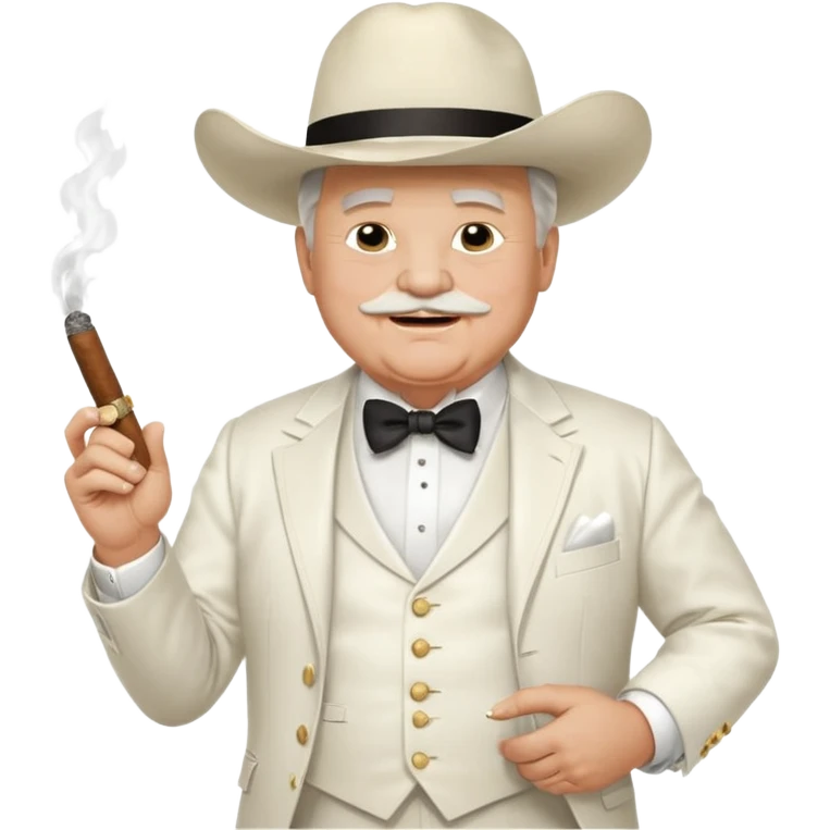 Create an emoji of an older, chubby man wearing an elegant all‑white suit with white waistcoat, white bow tie, and a large white cowboy hat. He is smirking confidently and holding a lit cigar in one hand in front of his chest. The character should look like a greedy, arrogant rich politician. emoji