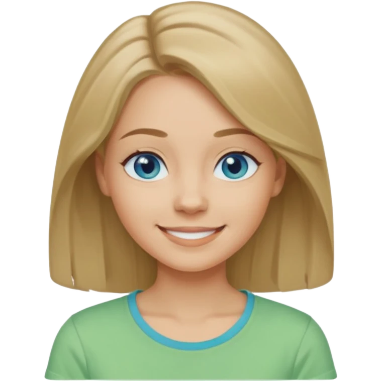 A woman with light skin, longer shoulder-length dark blonde hair, blue eyes, smiling face, wearing a pastel green t-shirt. The emoji should be in Apple-style, minimalistic, colorful, and round-faced. Show only the face or bust (not full body). emoji