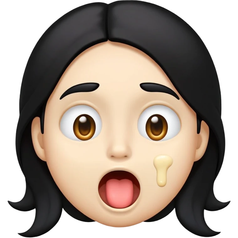 simple emoji, surprised disgusted face, classic, circular, genderless, emoji, 😮, long black hair, goopy white liquid on cheeks, goopy white cream on lips, goopy white cream on tongue, tongue out, eyes shut, >_< face, 😝, 😫 emoji