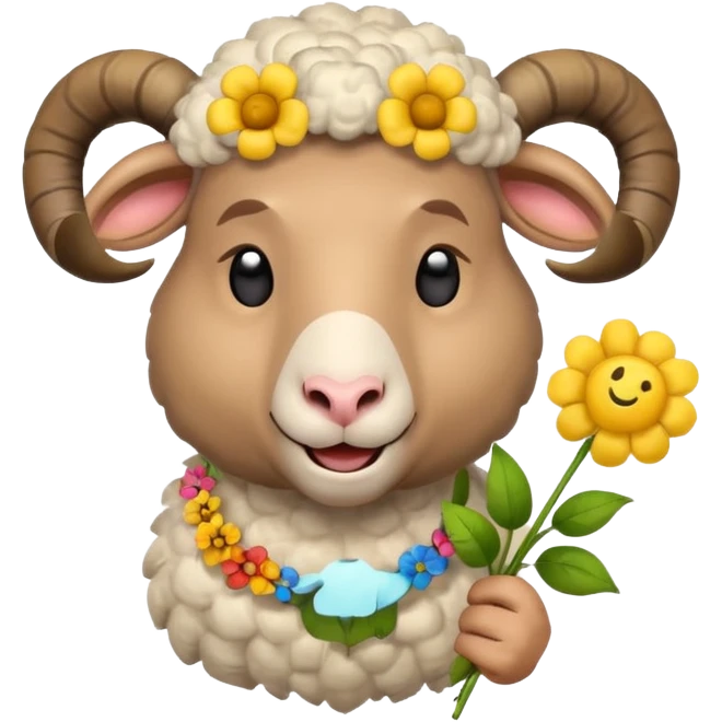 Sheep man with a smiley face emoji head and ram horns holing a flower emoji