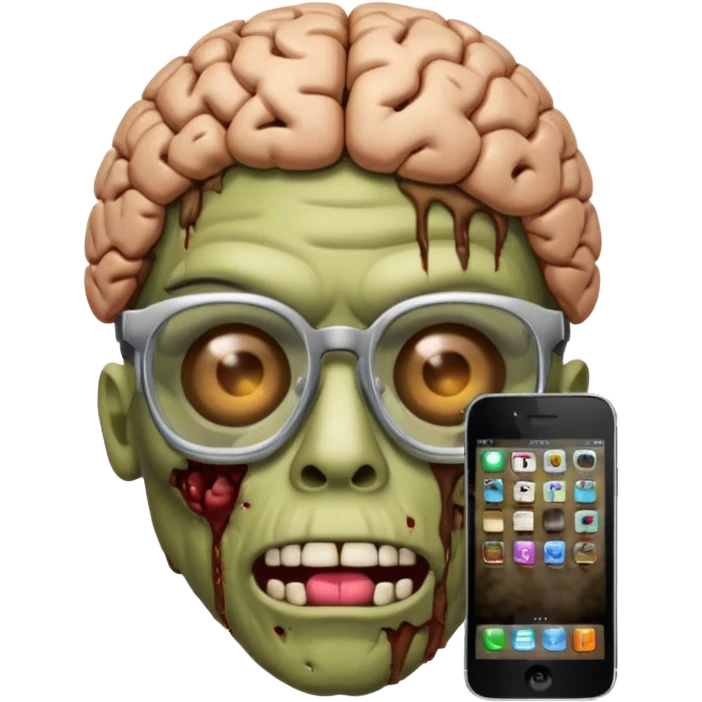 iPhone zombie emoji with a decayed brain, glasses, and a t shirt that says « braindead » emoji