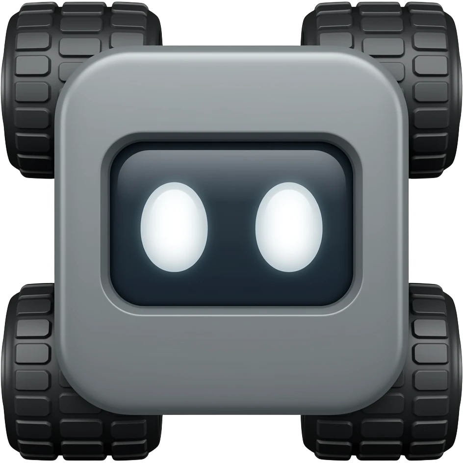 Dark grey solid square with 6 wheels and a display shows a white robot eyes emoji